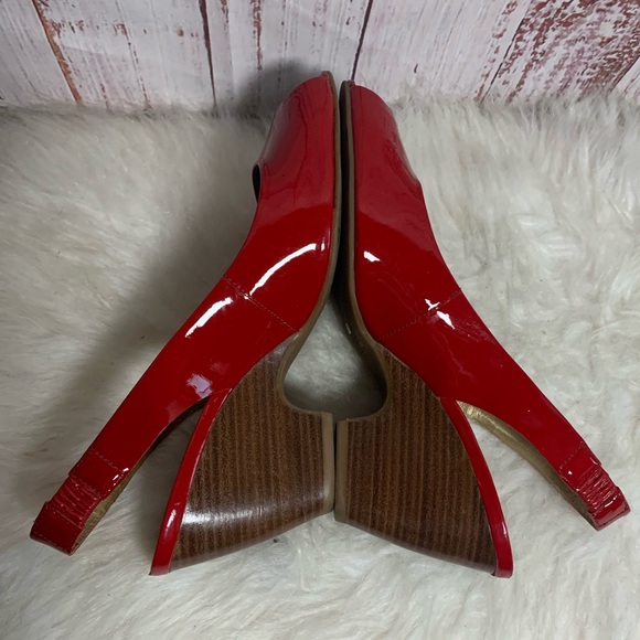 Red Patent Leather Peep Toe Slingback Wedges { Franco Sarto } - Picture 5 of 11